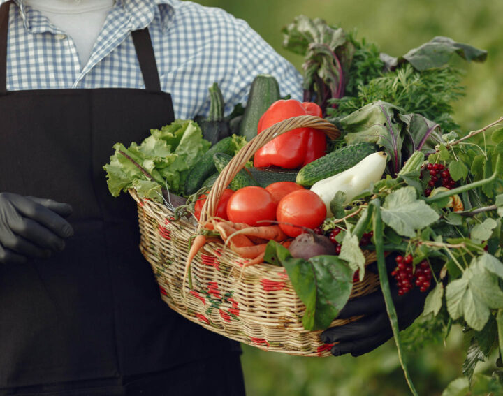A man with a basket of harvested vegetables from the garden