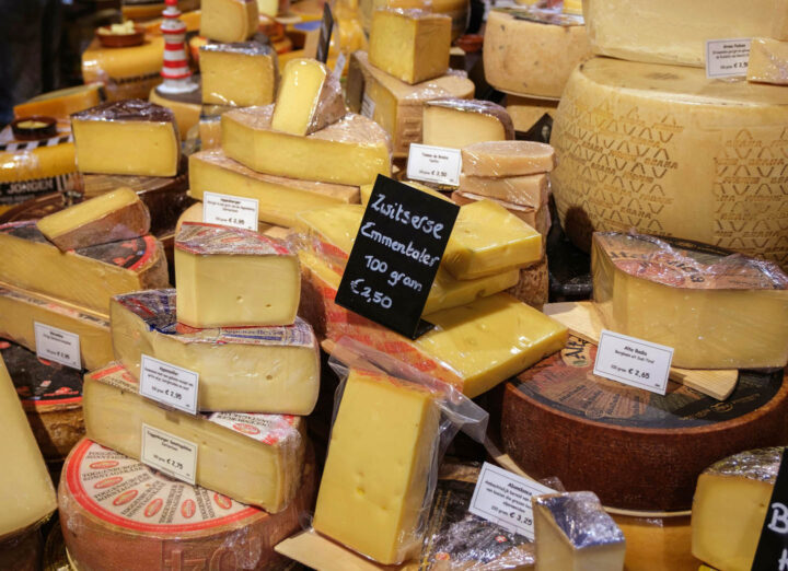 Assortment of cheese sold in a store