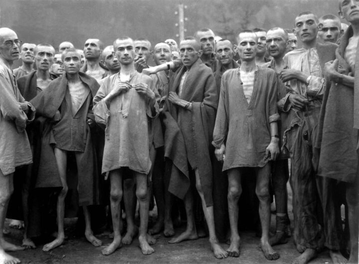 Just-liberated concentration camp survivors at Ebensee. 